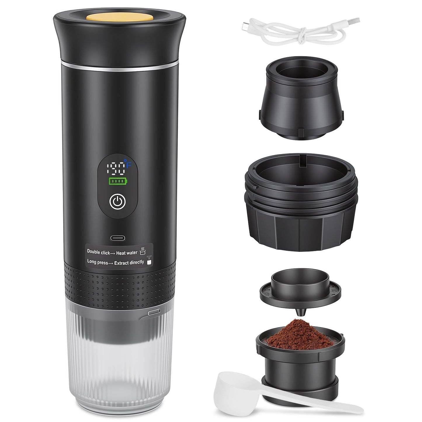 Portable espresso machine with 3-in-1 brewing support and self-heating system for cordless coffee making.