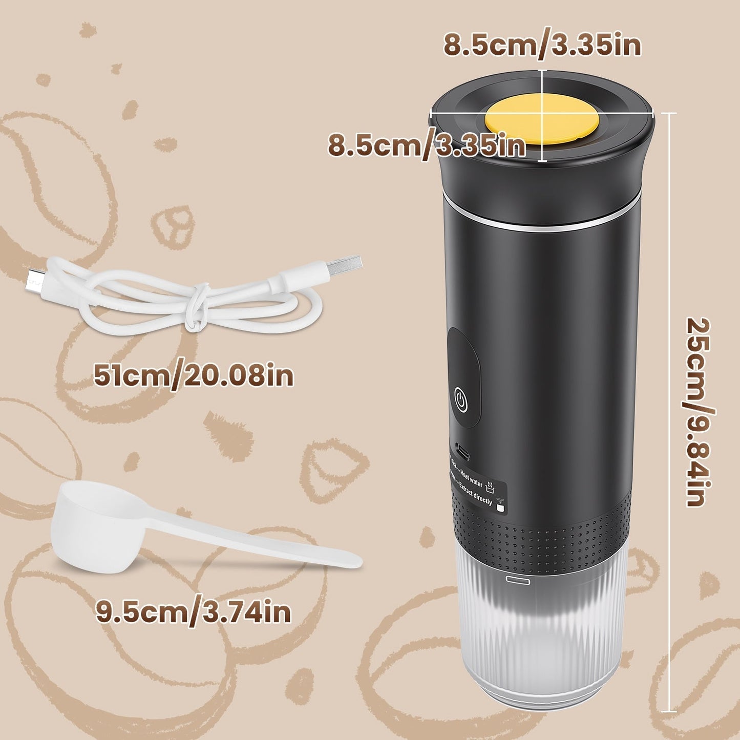 Portable espresso machine with 3-in-1 brewing support and self-heating system for cordless coffee making.