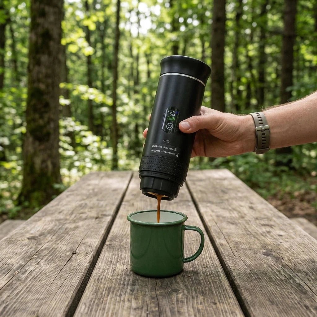 Portable espresso machine with 3-in-1 brewing support and self-heating system for cordless coffee making.