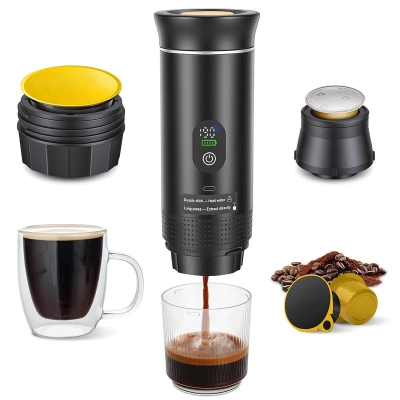 Versatile 3-in-1 portable espresso machine for on-the-go coffee lovers. Cordless and self-heating, ideal for travel or daily
