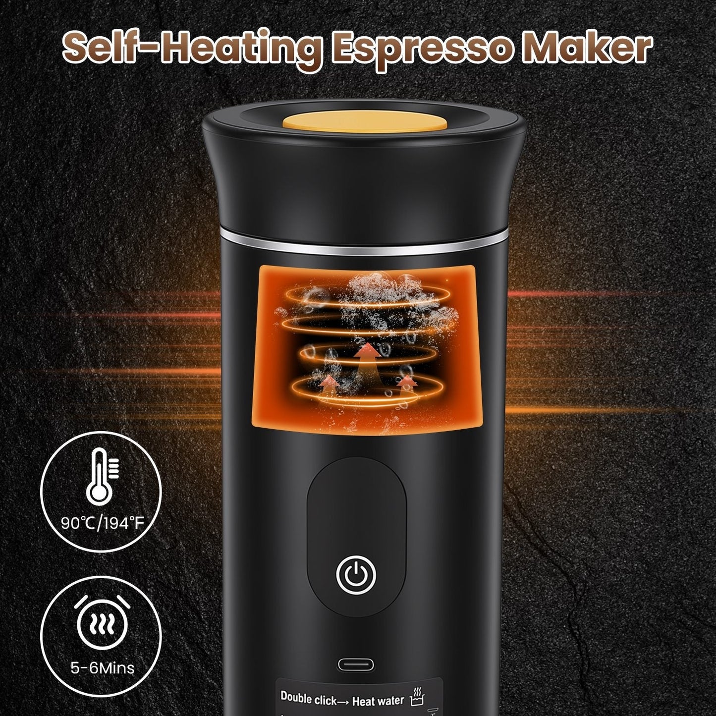 Portable espresso machine with 3-in-1 brewing support and self-heating system for cordless coffee making.