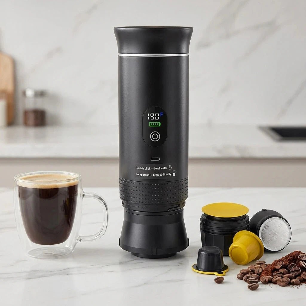 Versatile 3-in-1 portable espresso machine, brews with capsules or ground coffee. Fast self-heating system in 5-6 minutes.