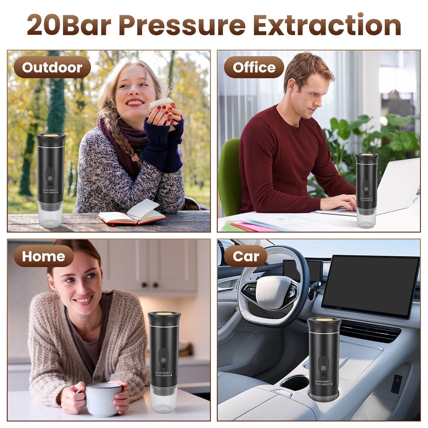 Portable espresso machine with 3-in-1 brewing support and self-heating system for cordless coffee making.