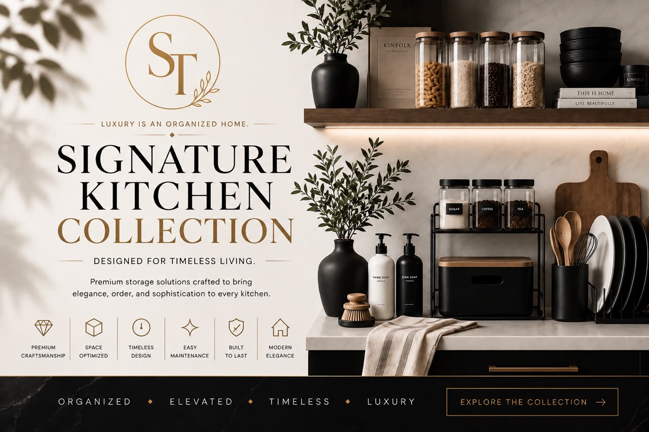 Promotional banner for a 'Signature Kitchen Collection' featuring a beautifully styled modern kitchen with wooden shelves, glass canisters, black ceramic vases, and a marble countertop. The left side features elegant typography with a circular 'ST' logo, and the bottom displays feature icons.
