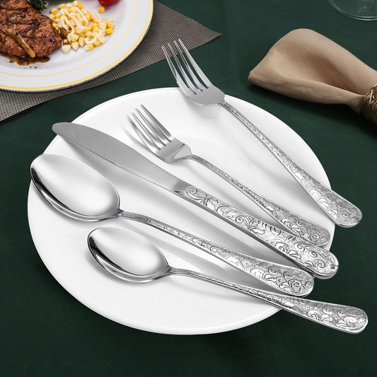 Minimalist Home Use Stainless Steel Embossed Knife Fork And Spoon Set - stcraftdigital