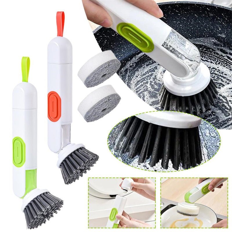 Multi-Functional Long-Handle Liquid-Filled Cleaning Brush Washing Up Brushes With Liquid Dispenser Two Replacement Heads For Kitchen Cleaning Brush Gadgets - stcraftdigital
