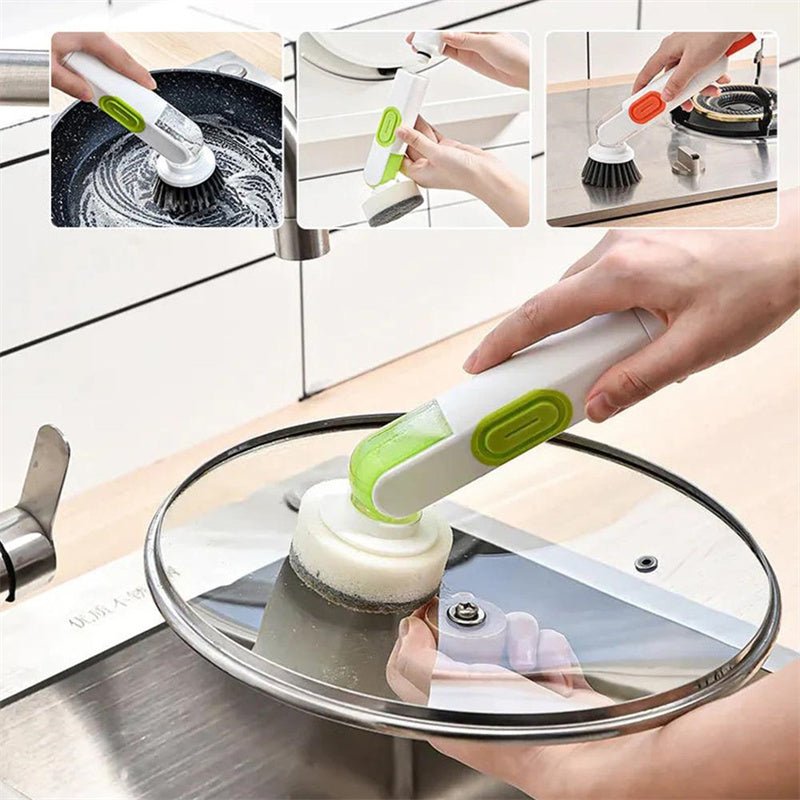 Multi-Functional Long-Handle Liquid-Filled Cleaning Brush Washing Up Brushes With Liquid Dispenser Two Replacement Heads For Kitchen Cleaning Brush Gadgets - stcraftdigital