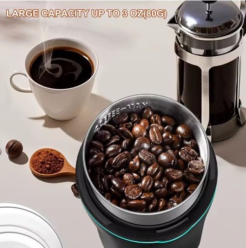Stcraftdigital professional coffee grinder with stainless steel cup, grinding coffee beans, spices, herbs, and grains in a home kitchen.